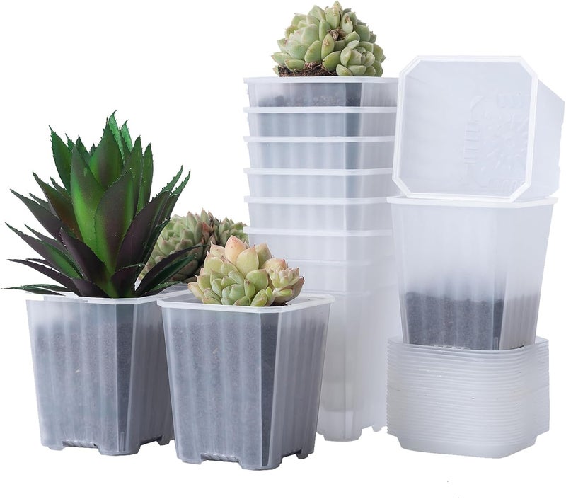 Foxany 3 Inch Clear Nursery Pots, 30 Pcs Thick Plastic Plant Pot, Square Flower Planting Pots Variety Pack, Seedling Planter Starter Pots with Saucers for Garden - Image 1